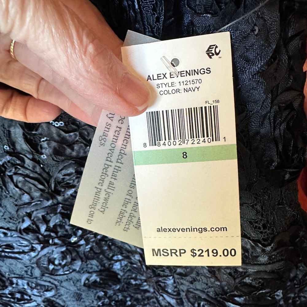 Alex Evenings Navy Blue Floral Lace Sequin Rosette Embellished Midi Dress Size 8 - Picture 3 of 16